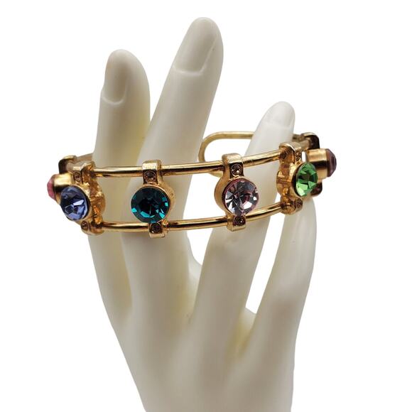 Modernist Crystal Wire Cuff Bracelet Multi Color Faux Gem Boho Bangle Open Work - Picture 3 of 8